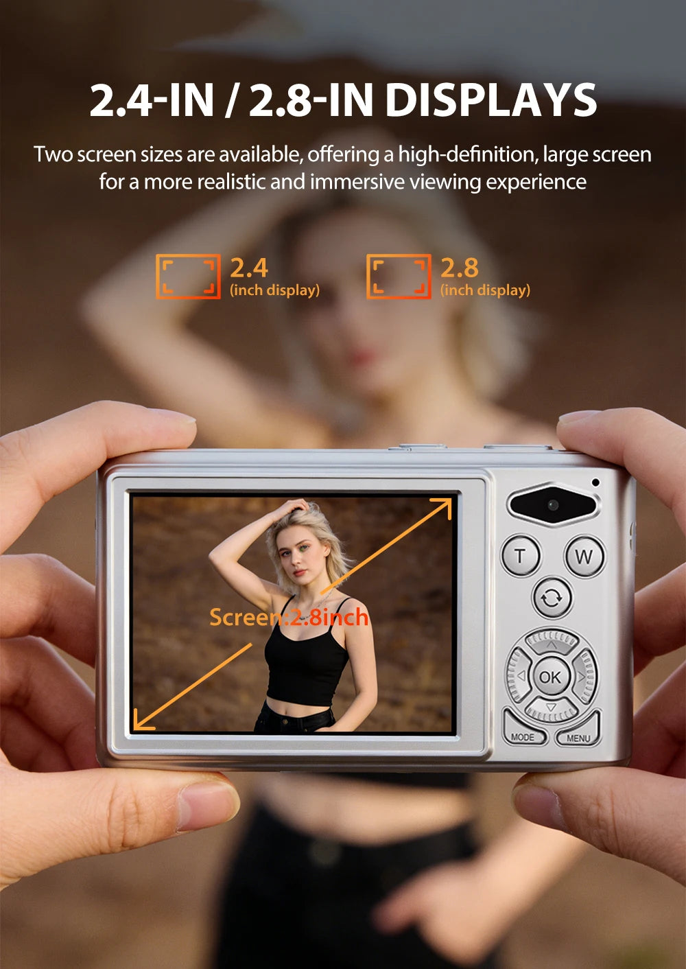 Silver digital camera held by hands, showing a 2.8-inch rear screen displaying a photo of a woman.