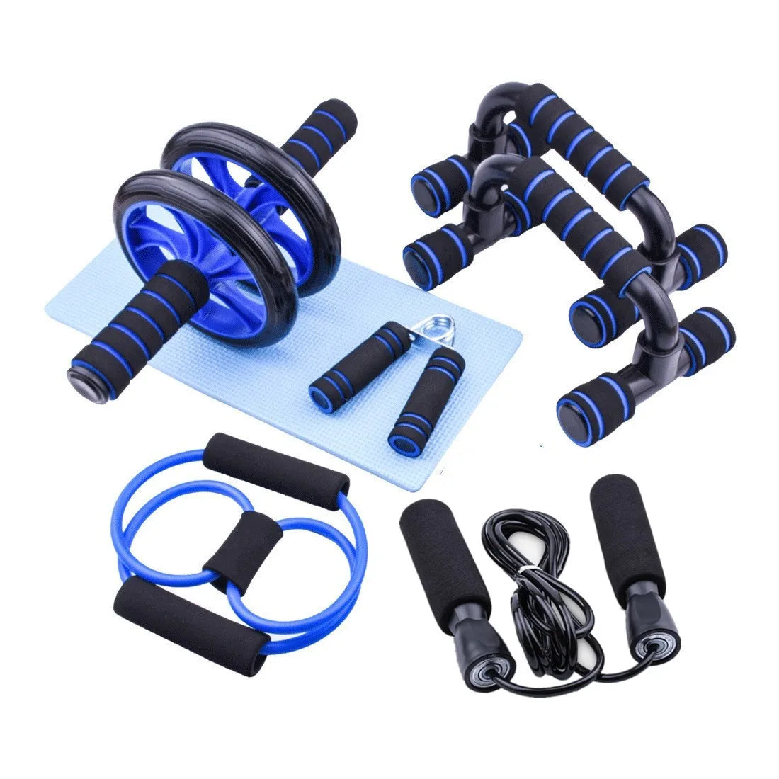 7-piece home fitness set in black and blue, featuring an ab roller, push-up bars, resistance band, and skipping rope.