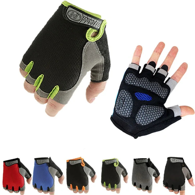 Fingerless cycling gloves with gel-padded palms, available in various colours including red, blue, green, and black.