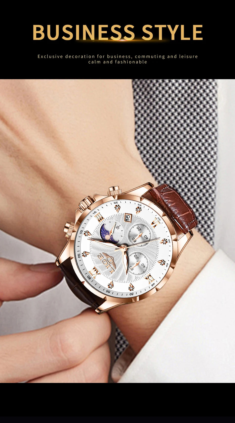 Men's rose gold chronograph watch with a white dial, sub-dials, and a brown leather strap on a wrist.
