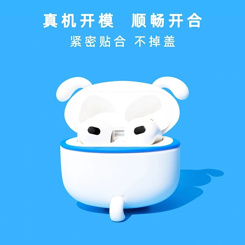 White dog-shaped silicone case for Apple AirPods 3, featuring a secure fit and cute ears.