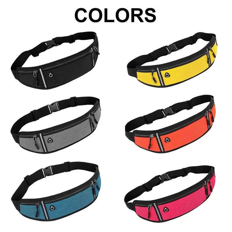 Six slim running belt bags in black, yellow, grey, orange, blue, and pink, each with a zip pocket and buckle strap.