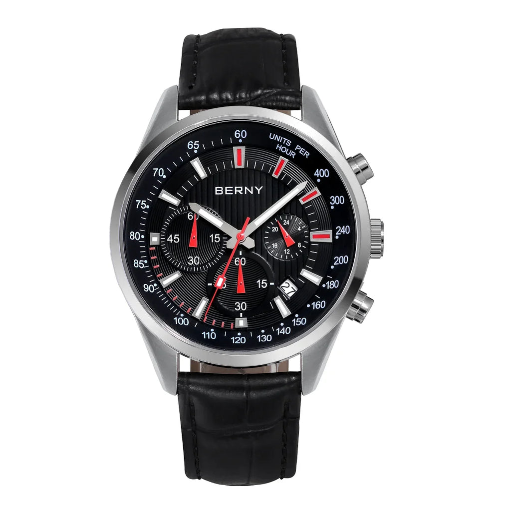 BERNY men's chronograph watch with silver case, black dial, red accents, and black leather strap.