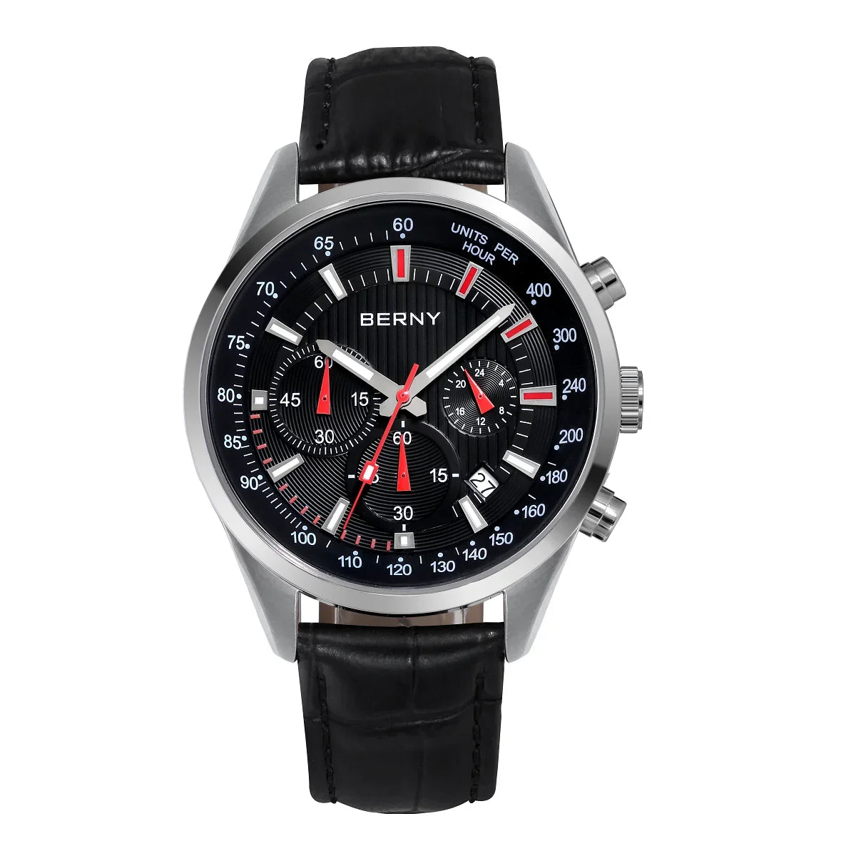 BERNY men's chronograph watch with silver case, black dial, red accents, and black leather strap.