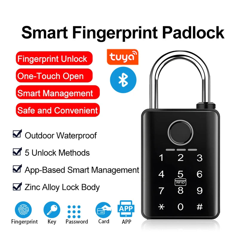 Black zinc alloy smart padlock with metal shackle, fingerprint scanner, numeric keypad, RFID, and Bluetooth.