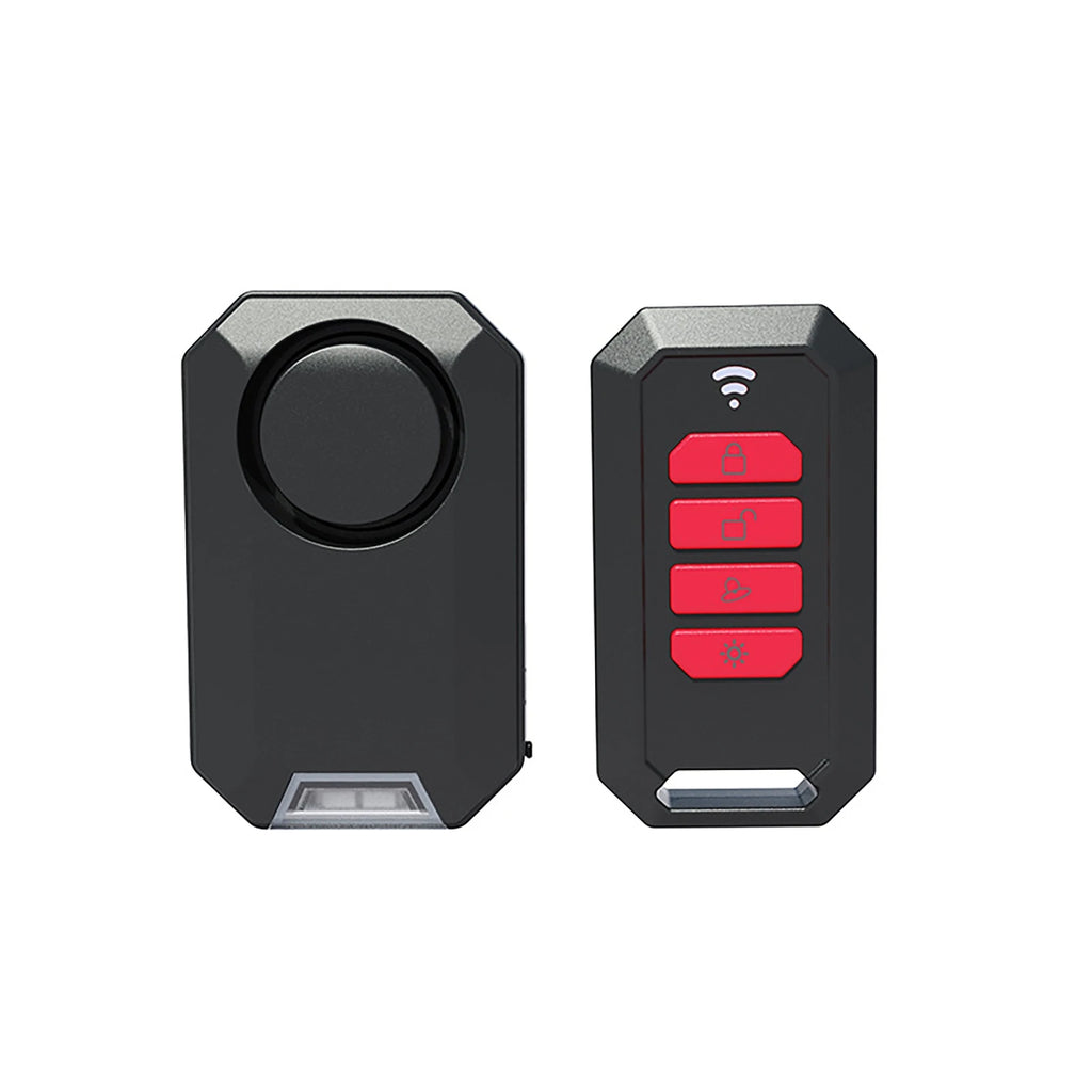 Black plastic alarm unit with a siren and a matching remote control with four red buttons.