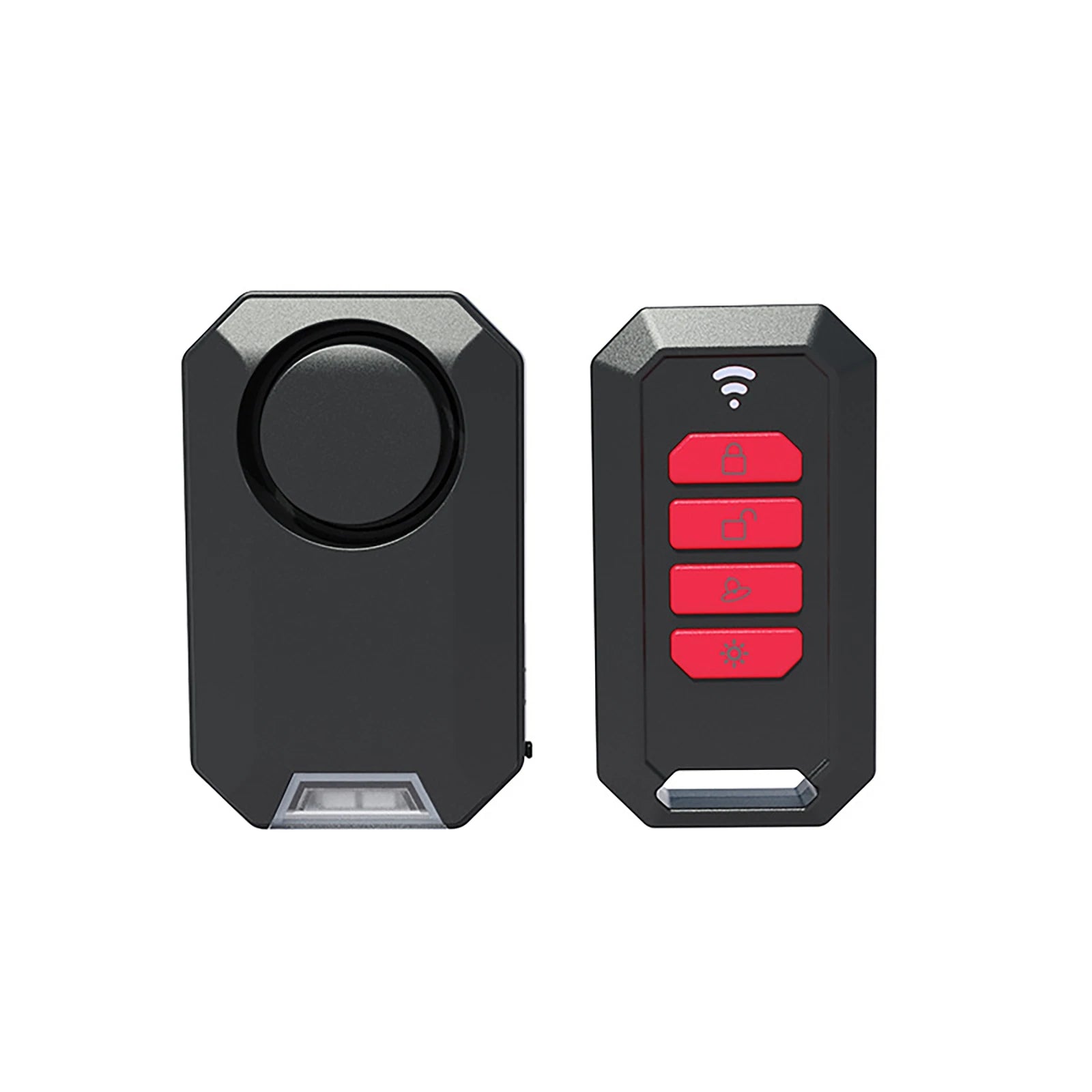 Black plastic alarm unit with a siren and a matching remote control with four red buttons.