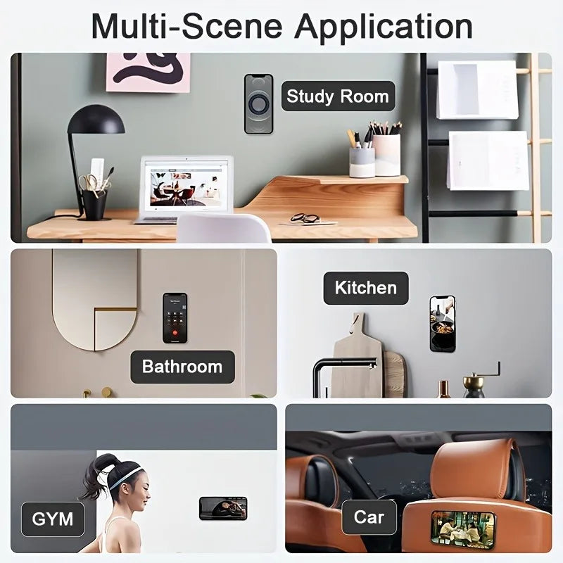 Magnetic phone mount shown in study, bathroom, kitchen, gym, and car settings, displaying its versatile home use.