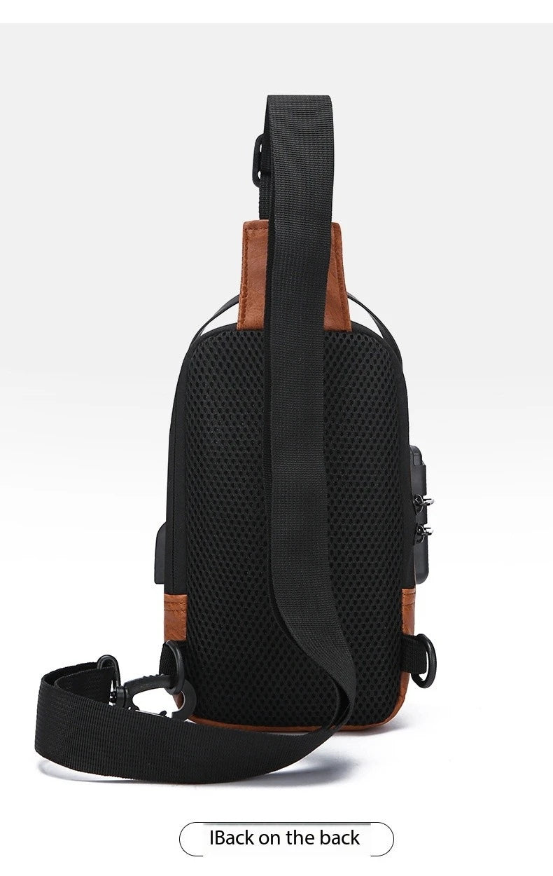Black and tan anti-theft crossbody sling bag with an adjustable strap, breathable mesh back, and integrated USB port.