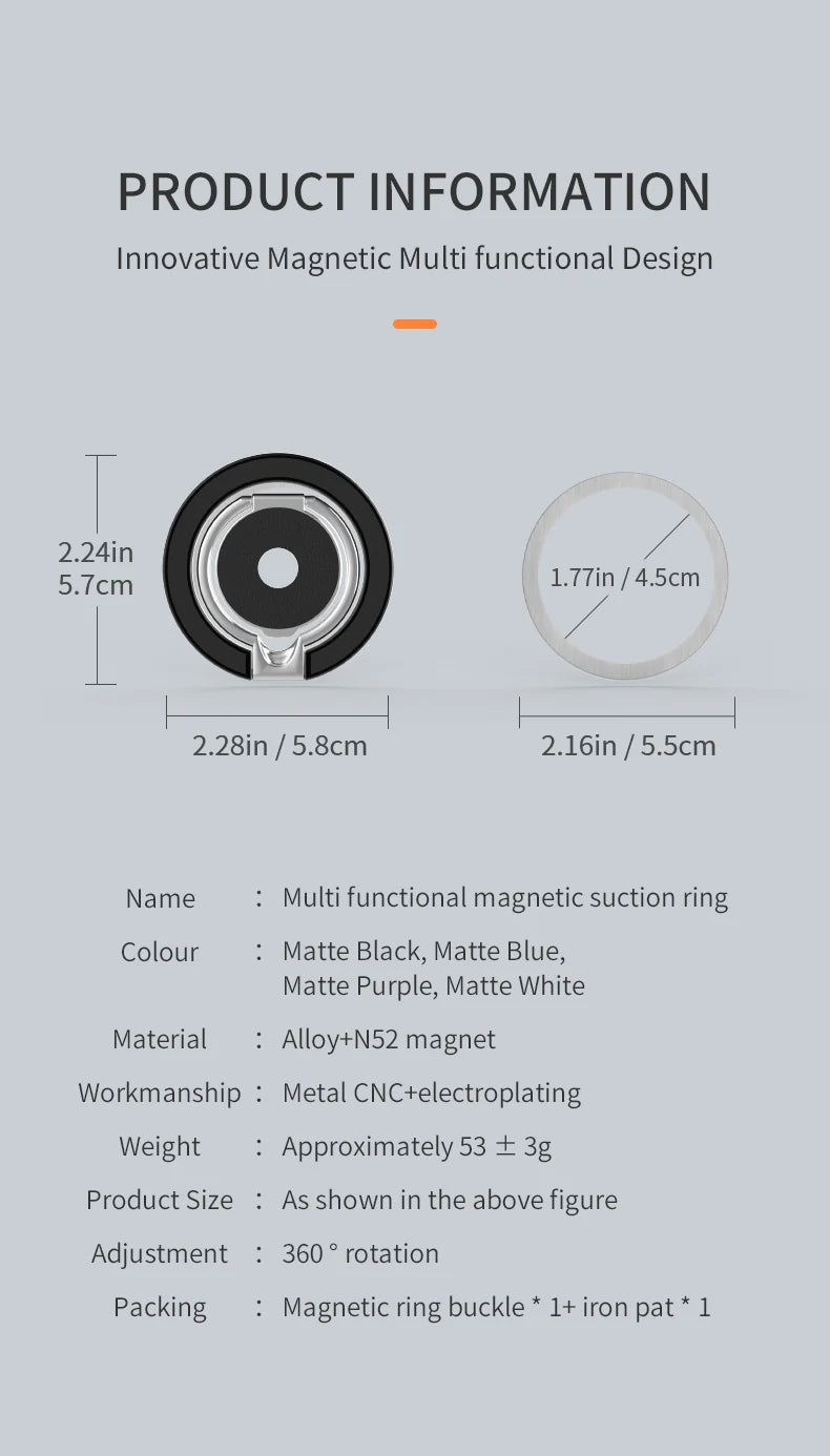 Multi-functional matte magnetic suction ring with 360-degree rotation, shown with dimensions in black and white.