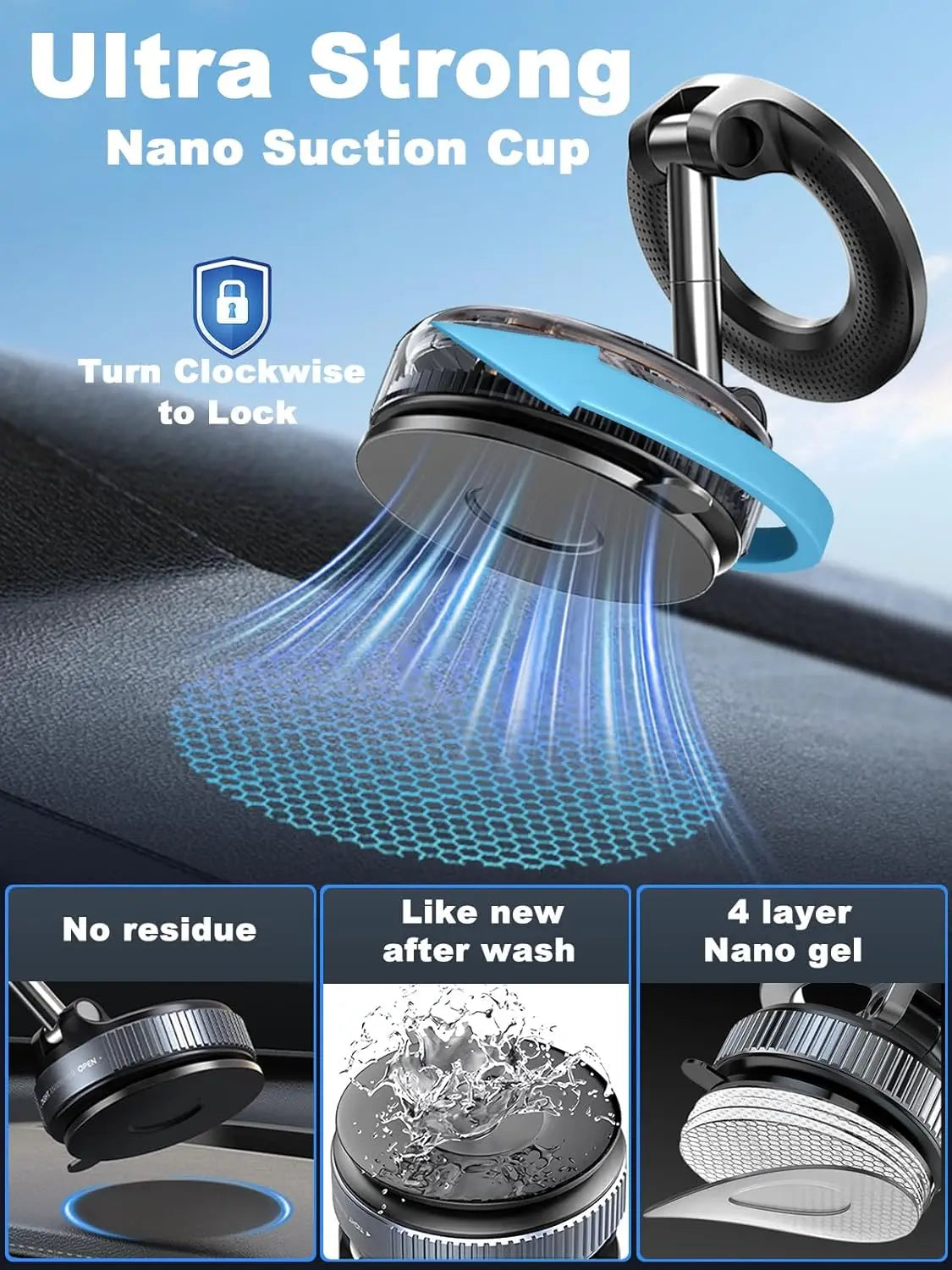 Black, modern car mount featuring a locking nano-gel suction cup base and a rotating arm design.