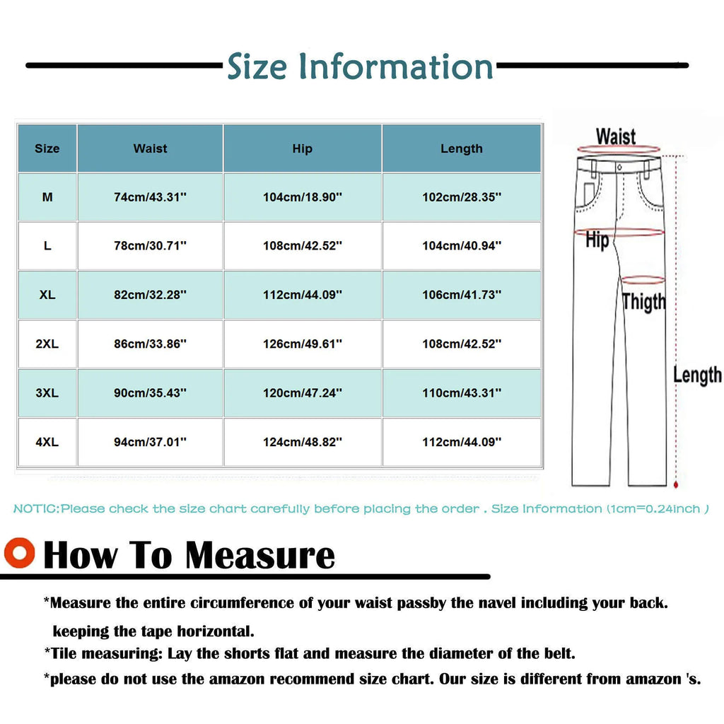 Size chart for men's high-visibility work trousers, showing waist, hip, and length measurements with a guide on sizing.