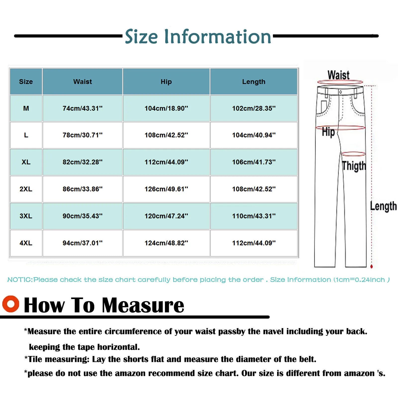 Size chart for men's high-visibility work trousers, showing waist, hip, and length measurements with a guide on sizing.
