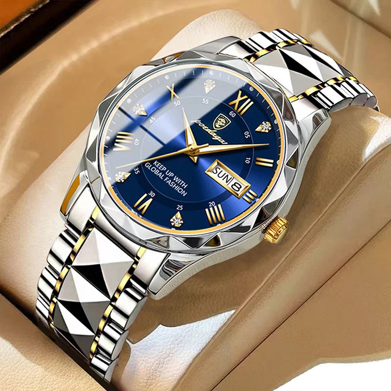 POEDAGAR men's luxury quartz watch with blue dial, gold hands, Roman numerals, and silver-gold stainless steel band.