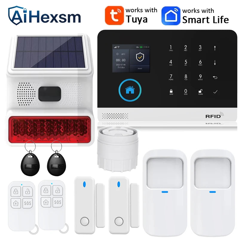 White wireless smart home alarm kit with solar siren, touchscreen hub, motion sensors, door contacts, and key fobs.