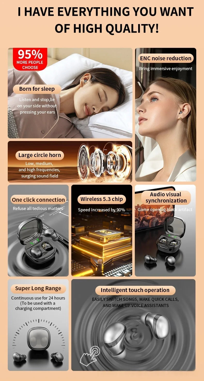 Small, sleek black wireless earbuds with a digital display charging case. Features include touch control and noise sync.