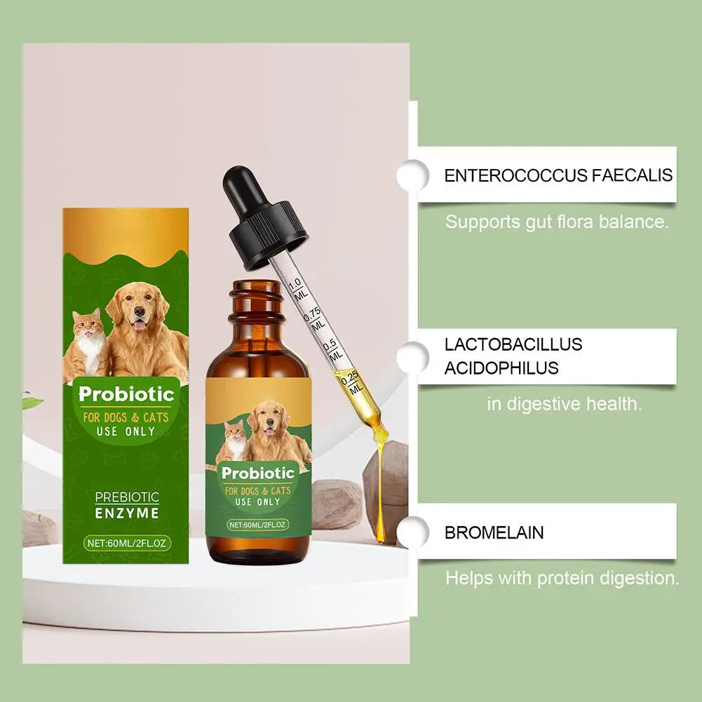 Probiotic supplement for dogs and cats in a 60ml amber glass dropper bottle with matching product packaging.