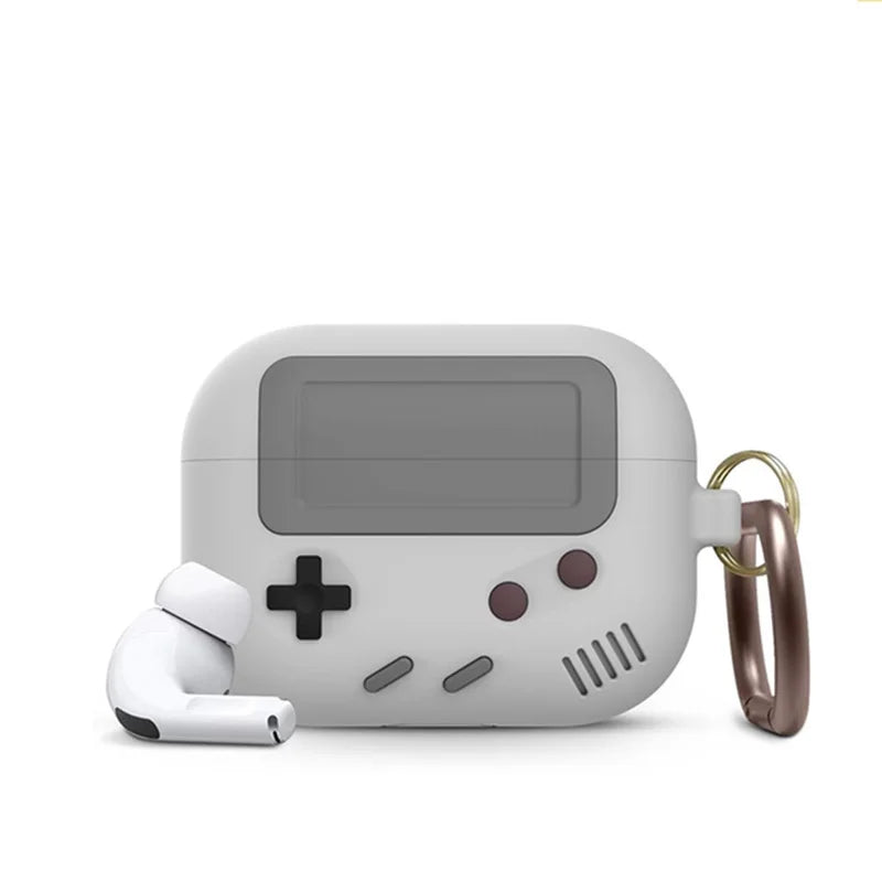 Grey silicone retro games console-style case for AirPods Pro, featuring a side keyring attachment.