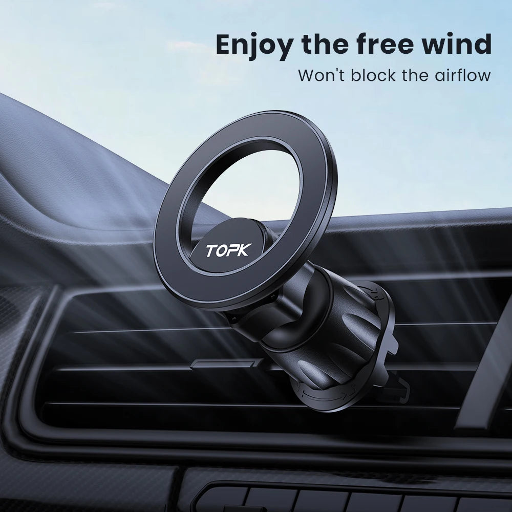 Black circular magnetic car phone mount designed to attach to air vents without blocking airflow.