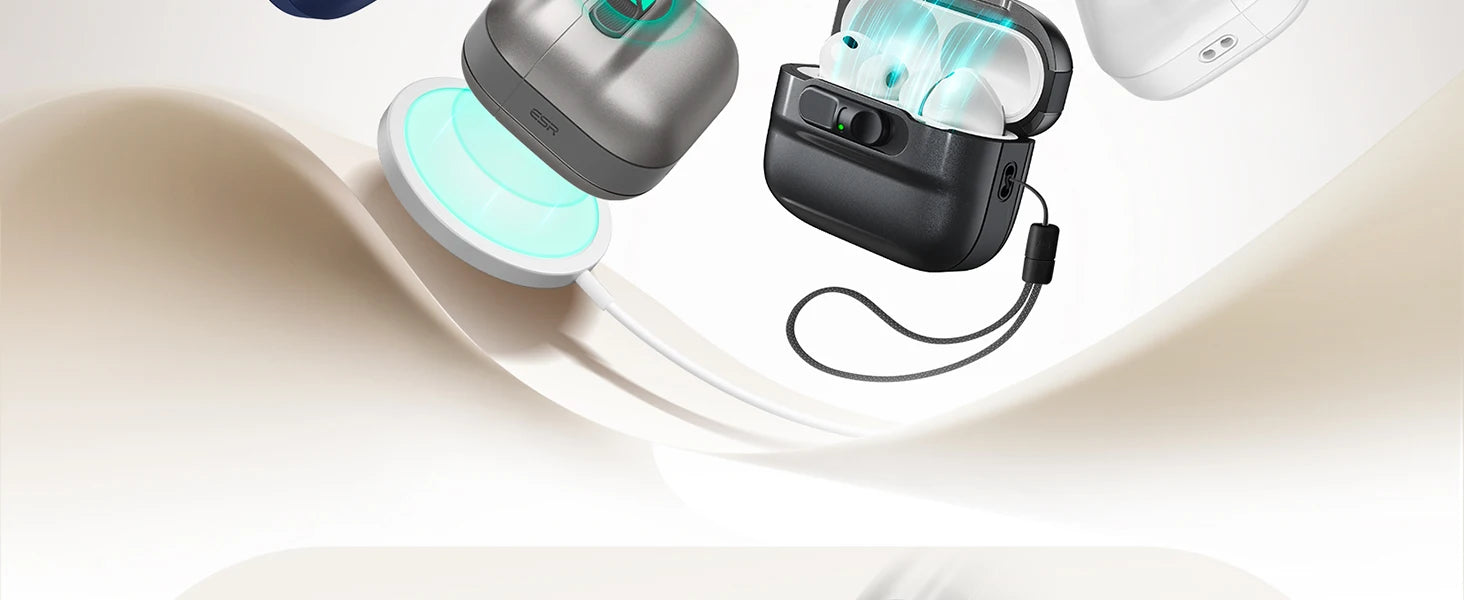 ESR metallic grey and black shock-absorbent protective cases for AirPods Pro, featuring lanyard and wireless charging.