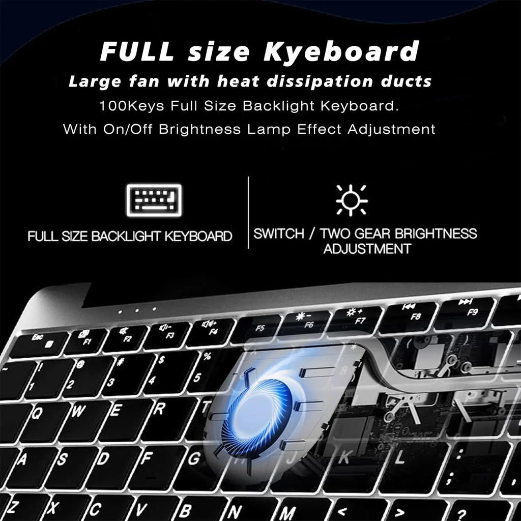 Close-up of a sleek, black backlit laptop keyboard featuring an integrated cooling fan and adjustable brightness.