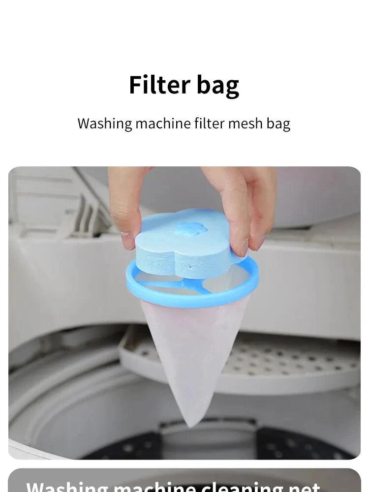 A hand holding a blue flower-shaped foam float attached to a white mesh washing machine hair filter bag.