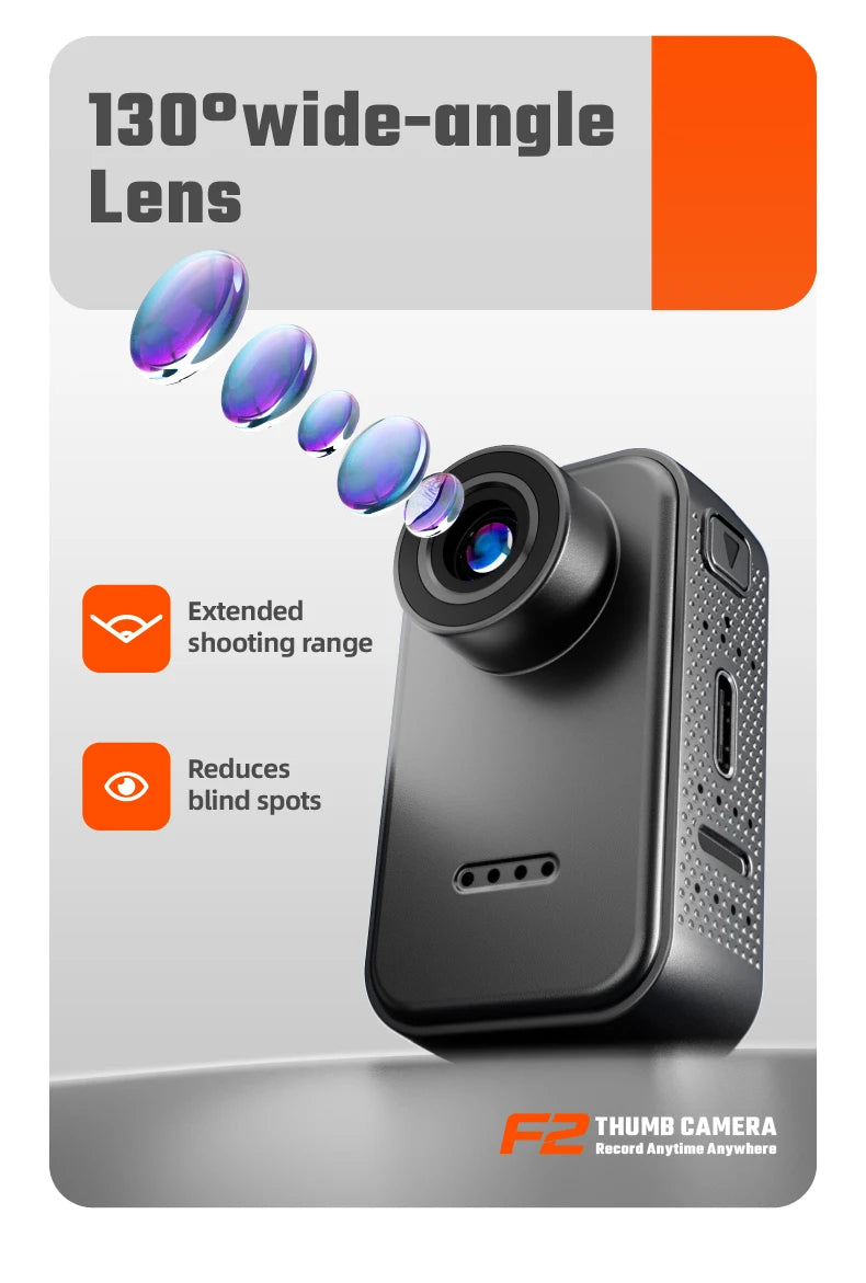 Black matte plastic thumb camera with a 130-degree wide-angle lens, showing lens elements and side ports.