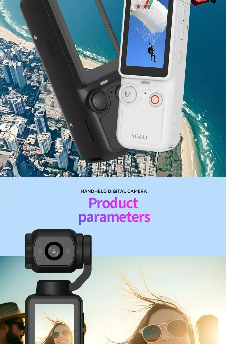 Black and white handheld digital cameras with a built-in gimbal, integrated screen, and physical control buttons.