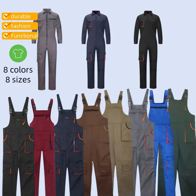 Range of durable, multi-pocket bib overalls and coveralls in various colours with adjustable shoulder straps.