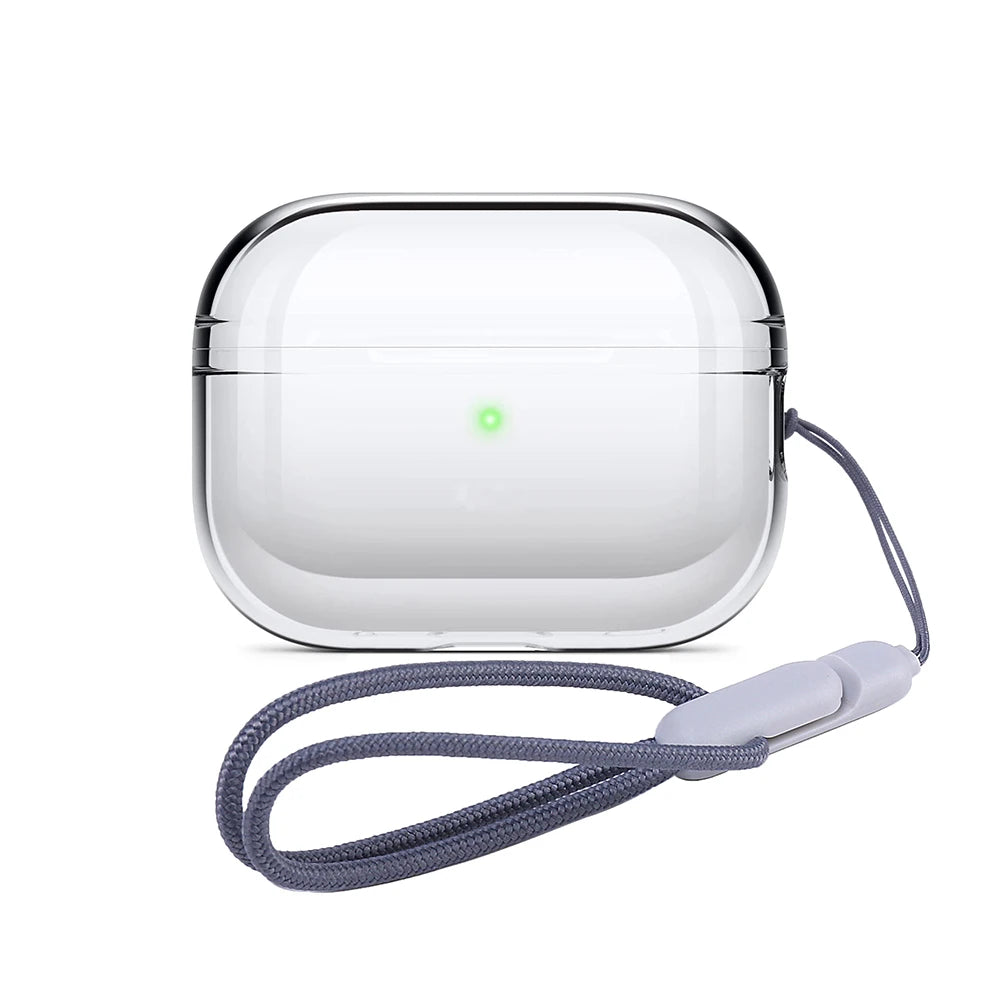 Clear protective case for AirPods Pro with an adjustable grey woven lanyard.