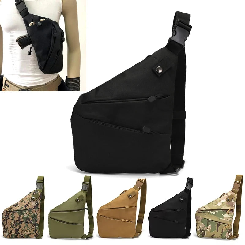 Men’s compact black anti-theft crossbody sling bag with multiple zip pockets, shown in various colours and patterns.