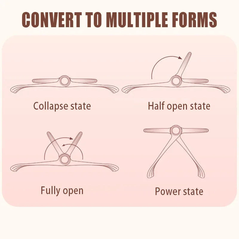 Pink multifunctional arm trainer shown in four positions: collapse, half open, fully open, and power state.