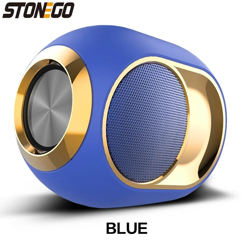 Portable blue wireless speaker with a modern oval shape and metallic gold trim.