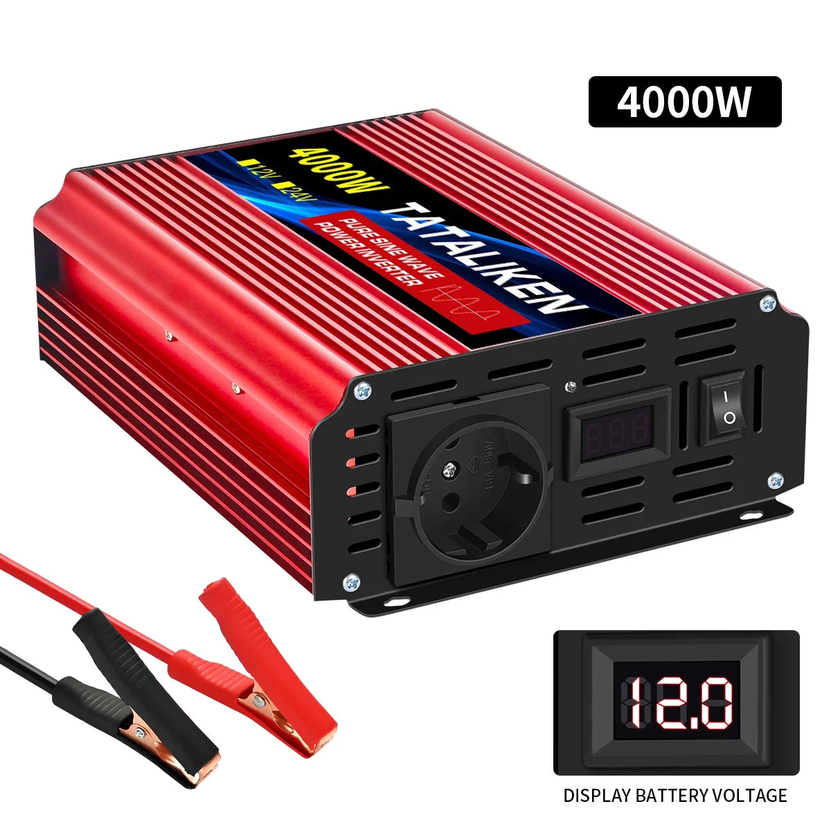Red pure sine wave power inverter with a black front panel, UK power socket, digital voltage display, and battery clips.