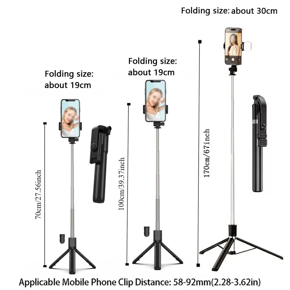 Black extendable tripod selfie stick with phone holder, showing three height options from 70cm to 170cm.