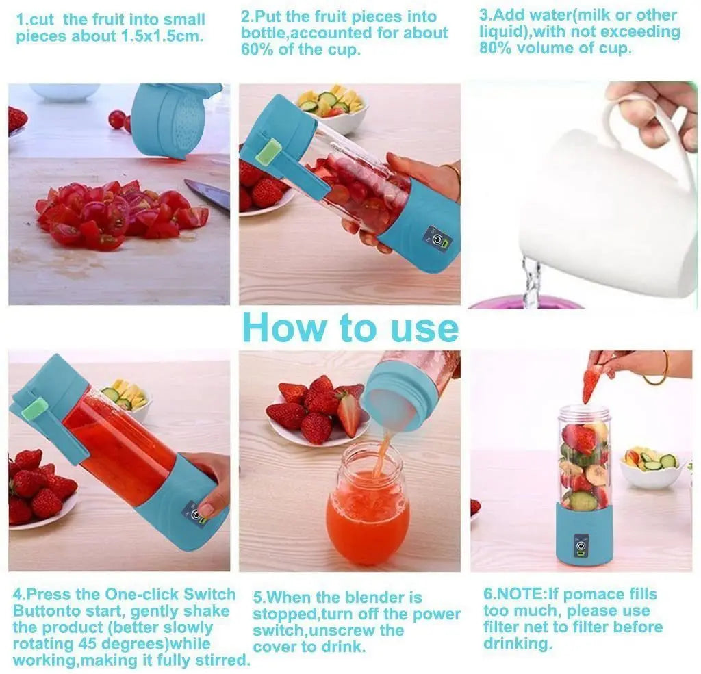 A blue portable blender bottle with a clear cup section, shown in a six-step instructional collage for making smoothies.