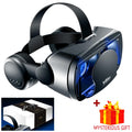 Black VR headset with integrated headphones, a sleek modern design, shown with its product box and a mysterious gift.