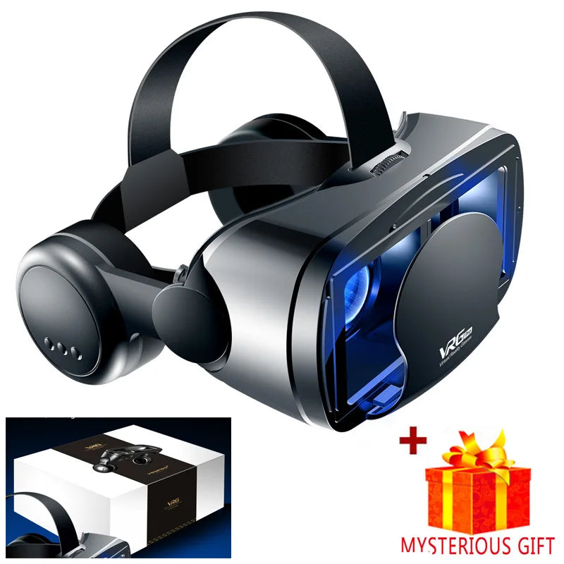 Black VR headset with integrated headphones, a sleek modern design, shown with its product box and a mysterious gift.