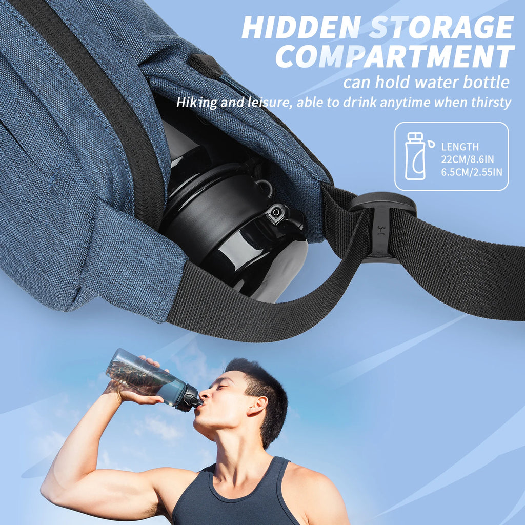 Blue fabric crossbody sling bag featuring a hidden compartment designed to store a water bottle securely.