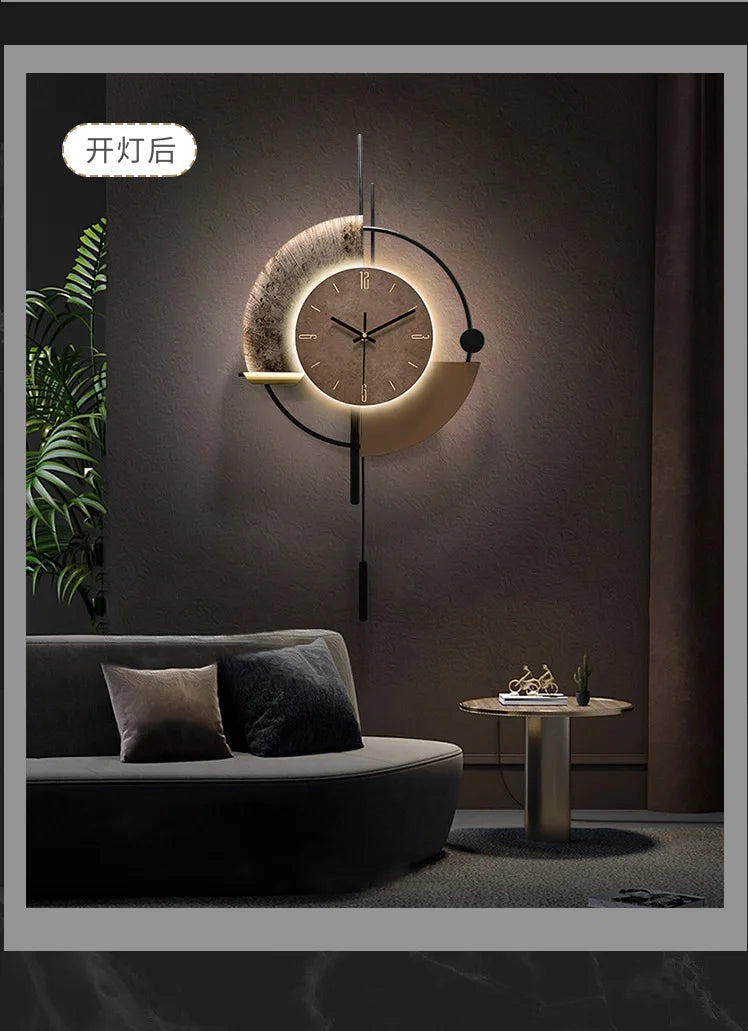 Modern minimalist wall clock with a brown circular face, warm backlighting, and a sleek black metal geometric frame.