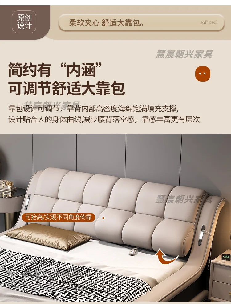 Modern beige leather bed frame with a tufted, adjustable-angle headboard for ergonomic back support.