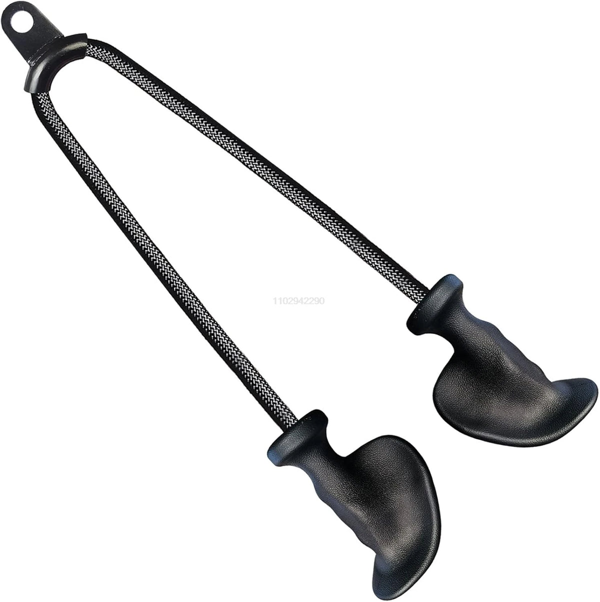 A black nylon rope triceps attachment with two ergonomic plastic handles on a white background.