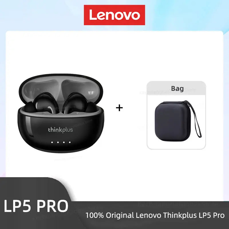 Black wireless earbuds in a charging case, accompanied by a small square protective carrying case.