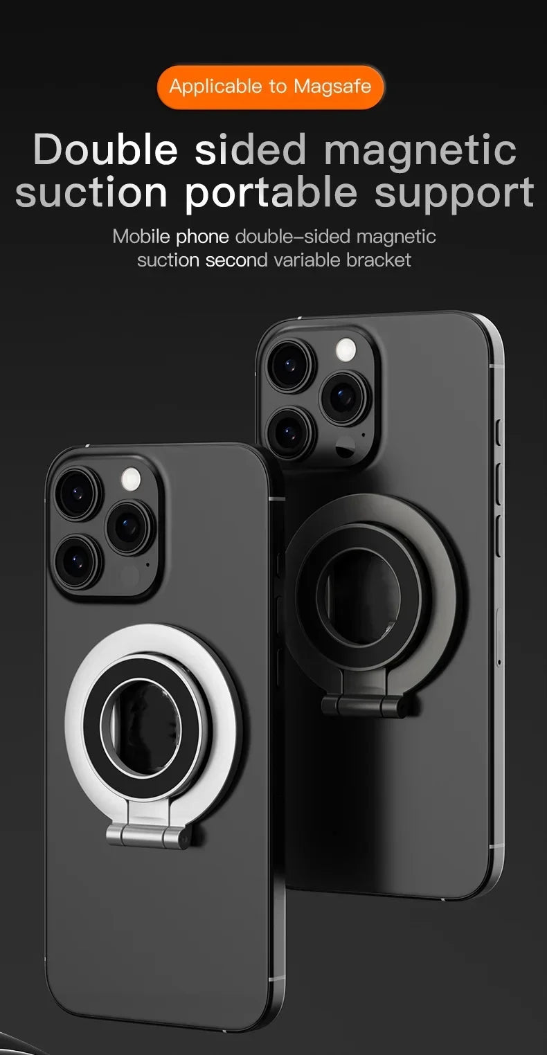 Two smartphones with circular, foldable magnetic ring stands attached to the back in silver and black finishes.