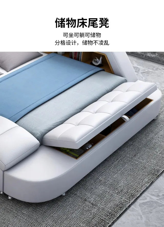 White genuine leather bed frame with a tufted, lift-up storage bench at the foot of the bed.