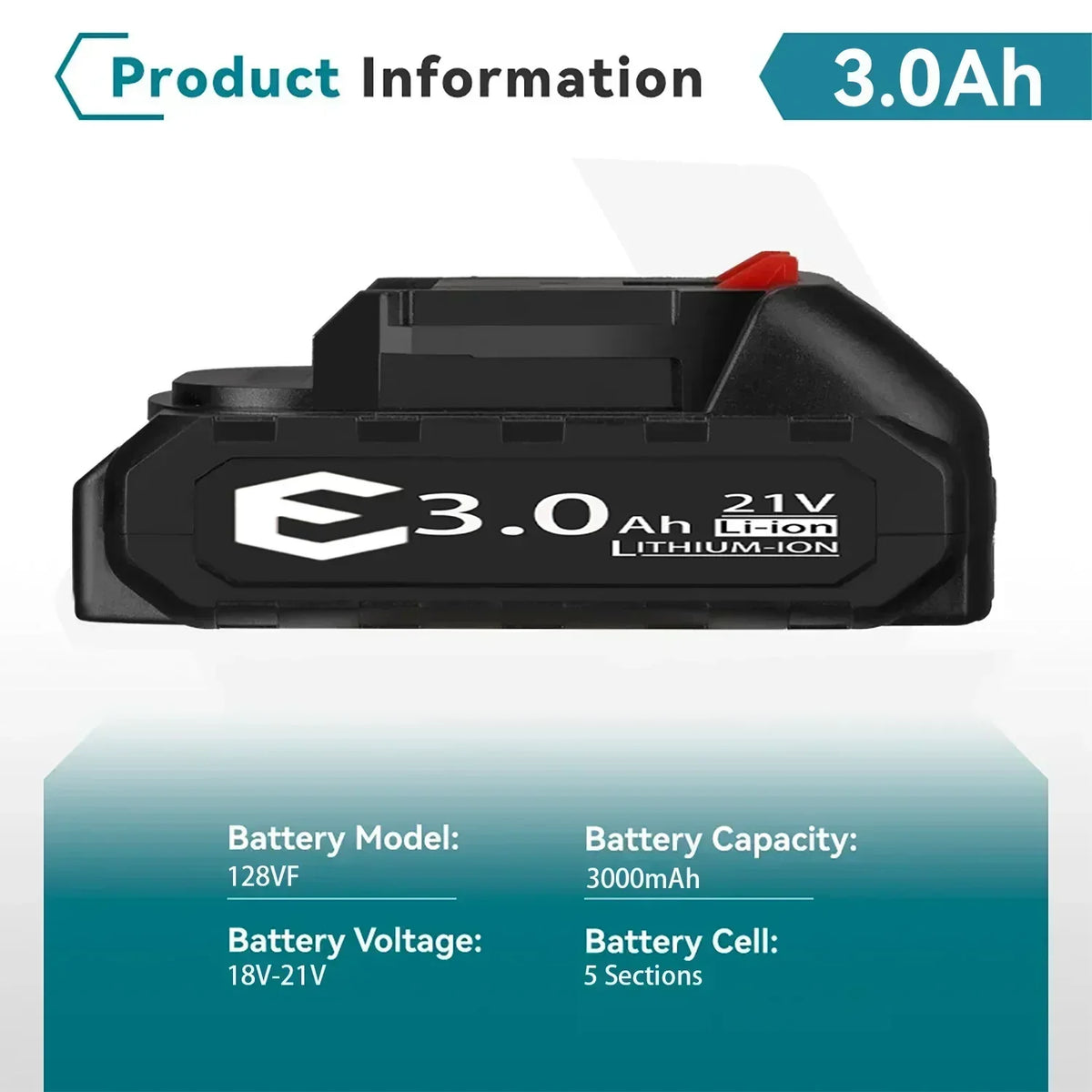 Black 21V Li-ion battery pack with white 3.0Ah label, sliding mount, and red release button.