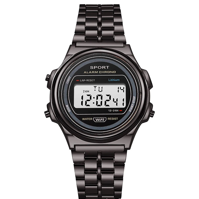 Retro-style black digital watch with a metallic link strap, featuring an LCD display with alarm and stopwatch functions.