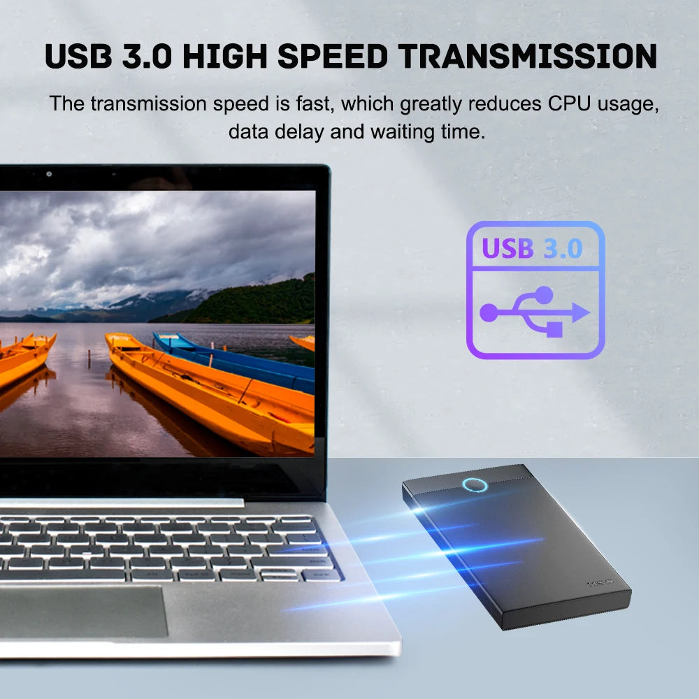 Black rectangular Retrobat gaming HDD connected to a laptop via USB 3.0, showing fast data transmission.