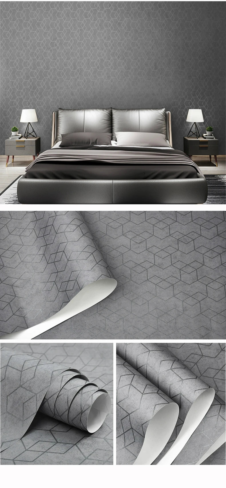 Modern grey geometric wallpaper with a subtle concrete-effect texture, shown on a bedroom wall and in wallpaper rolls.
