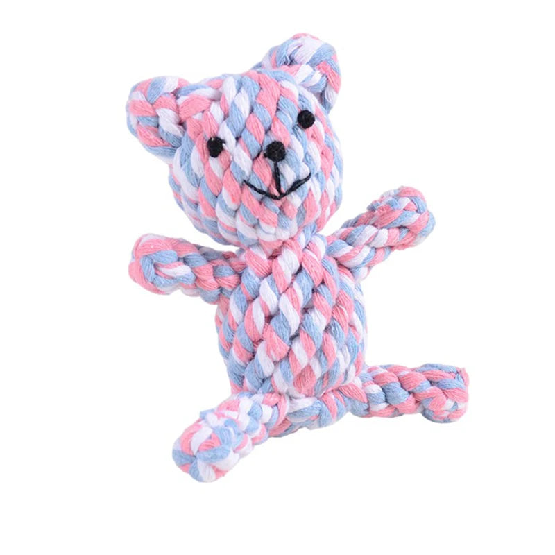 Cute bear-shaped dog toy made from woven pink, blue and white cotton rope for teeth cleaning.